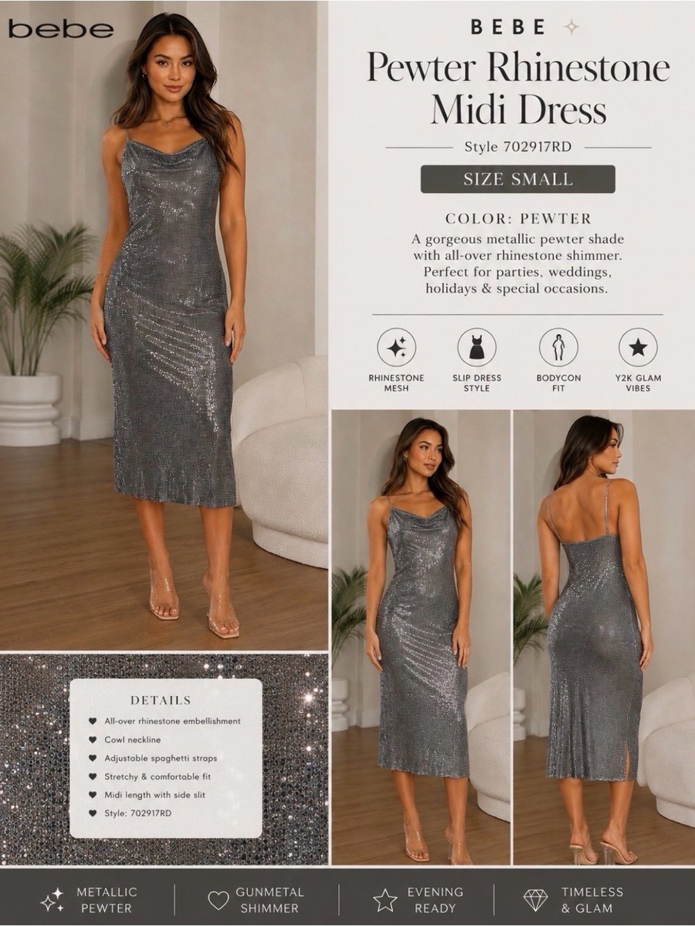 bebe Metallic Pewter Rhinestone Midi Slip Dress